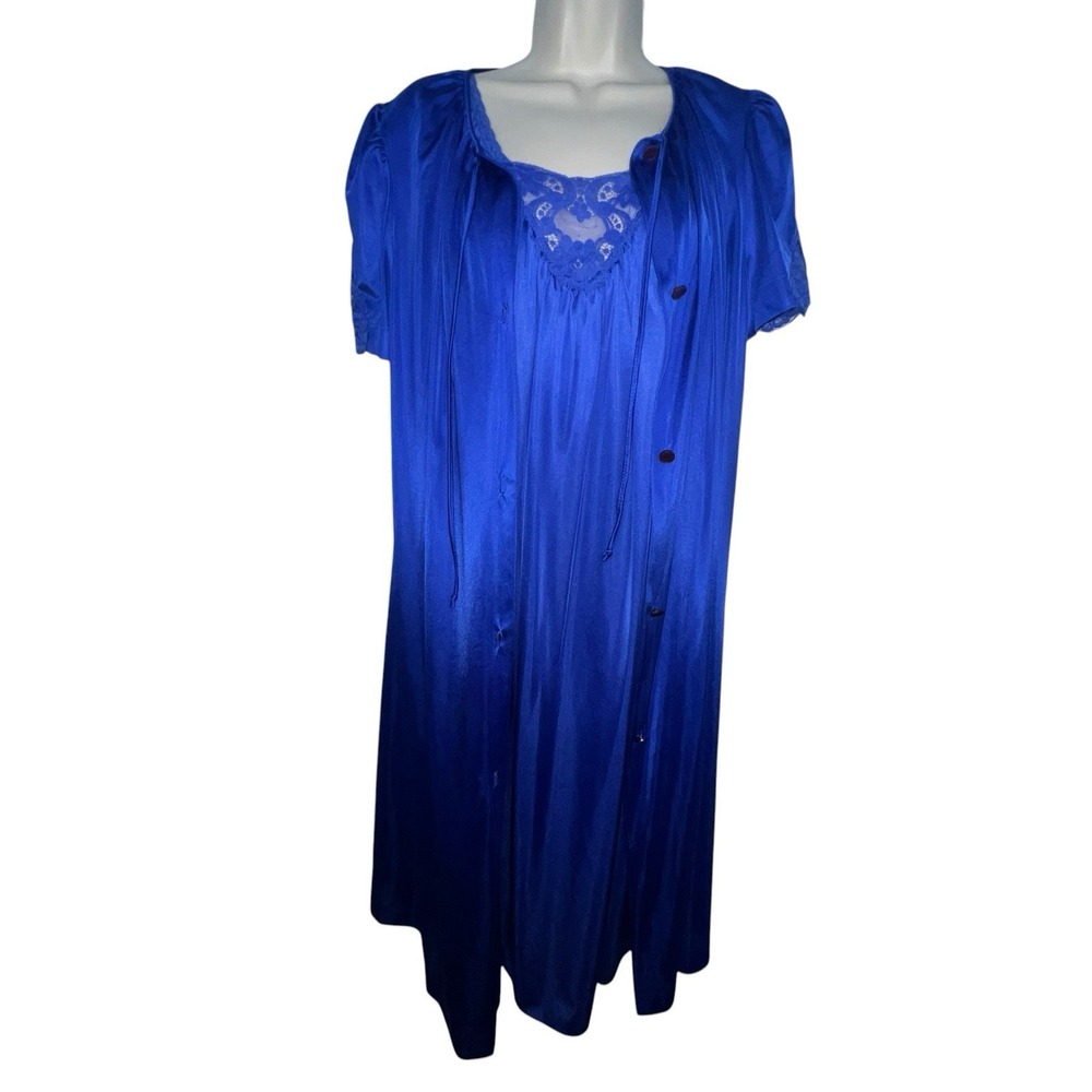 Vintage Lorraine Nightgown Robe Peignoir Set Full Length Maxi Medium Blue Nylon